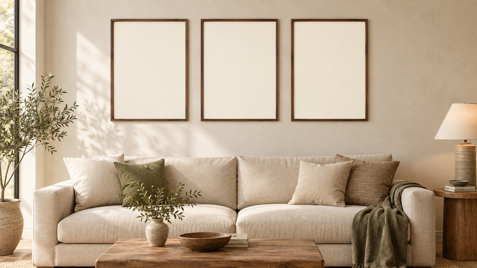 A sunlit living room with three walnut frames above an ivory sofa