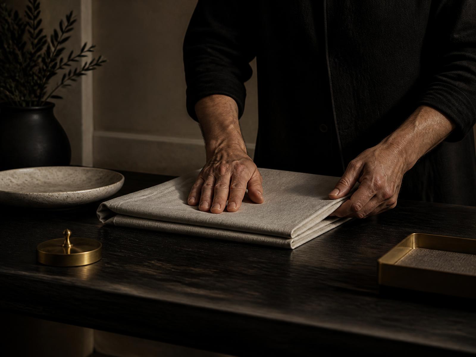 Hands smoothing folded linen on a dark ink table